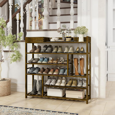 Étagère à chaussures à porte avant, étagère à chaussures d'entrée en bambou avec boîtes de rangement, armoire à chaussures autoportante, étagère à chaussures en bois pour entrée, placard et porte (brun foncé)