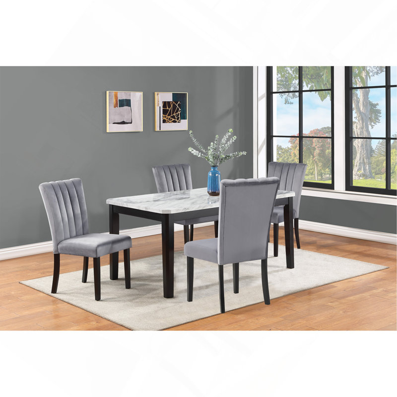 Transitional Dining Rectangular Table Fauxwhite Marble Top Black Base Wooden Stone