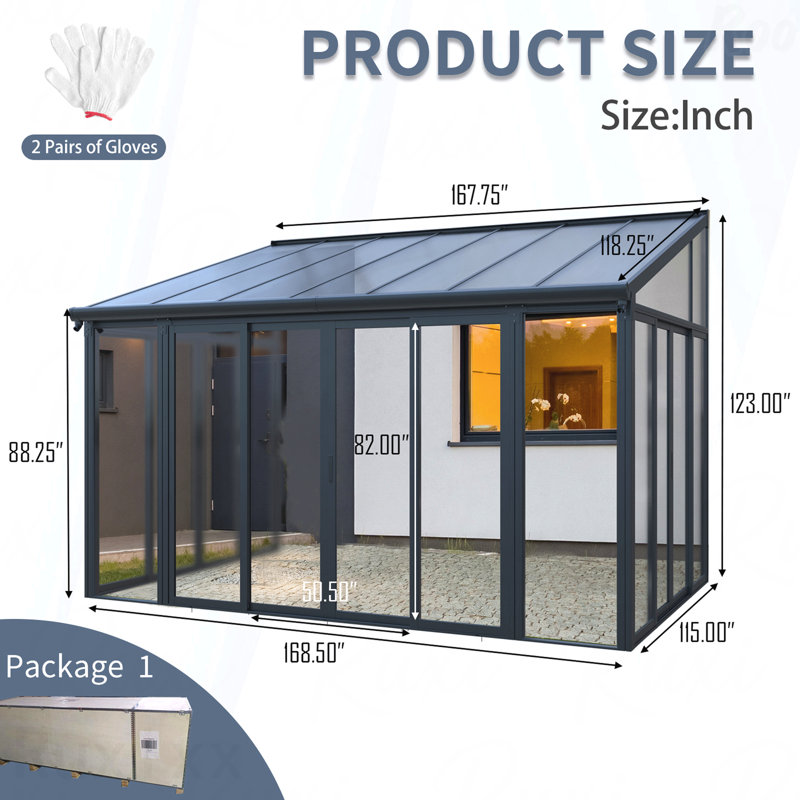 Housse de patio fermée de 10 pi x 14 pi avec 3 portes coulissantes verrouillables, véranda toutes saisons avec cadre en alliage d'aluminium, toit en polycarbonate et système de panneau de panneau d'endurance en PC solide et transparent pour terrasse de jardin