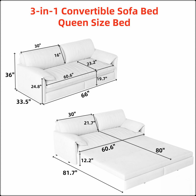 Grand canapé-lit de 66 pouces, canapé-lit convertible 3 en 1 avec rangement latéral, causeuse multifonctionnelle en velours pour le salon et la chambre à coucher