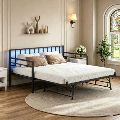 Twin Metal Daybed with Trundle and USB Charging Station & RGB LED Lights, Convertible Sofa Bed for Guest Room & Office Nap, Black