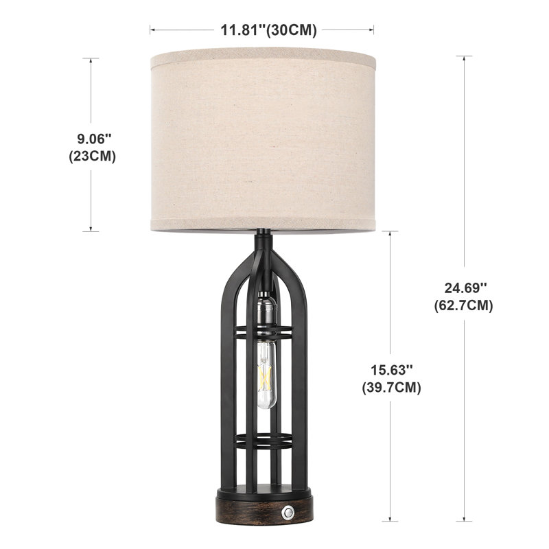 25'' Farmhouse Table Lamp Set with Rotary Socket and USB A&C Ports, Black