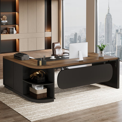 Bureau de direction en L 80,71 pouces, grande table de bureau avec classeur