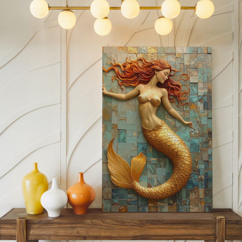«Golden Mermaid Sculpture», toile d'art dynamique d'élégance océanique, H 9 po x l 12 po