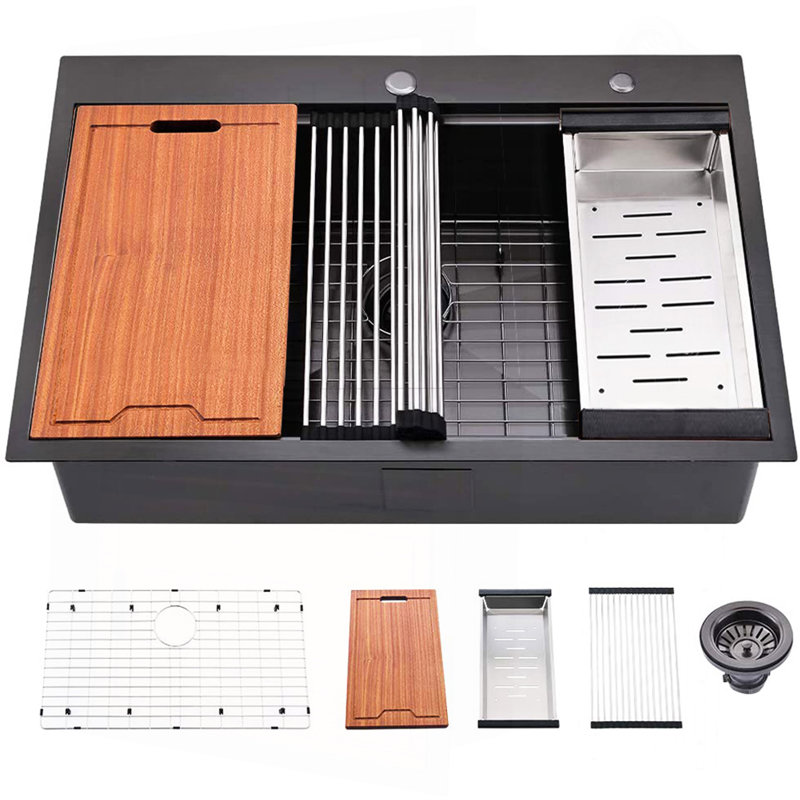 Évier de cuisine encastré à cuve simple en acier inoxydable à rayon de travail R10 de 33 po avec station intégrée et accessoires (lot de 5) - 33 po x 22 po x 10 po