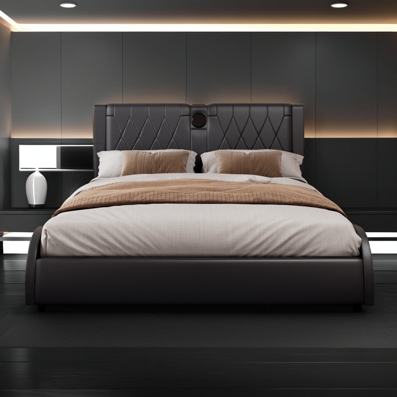 Lit intelligent avec haut-parleurs Bluetooth et lumières RVB - Lit plateforme en similicuir, tête de lit épaissie, aucun sommier nécessaire