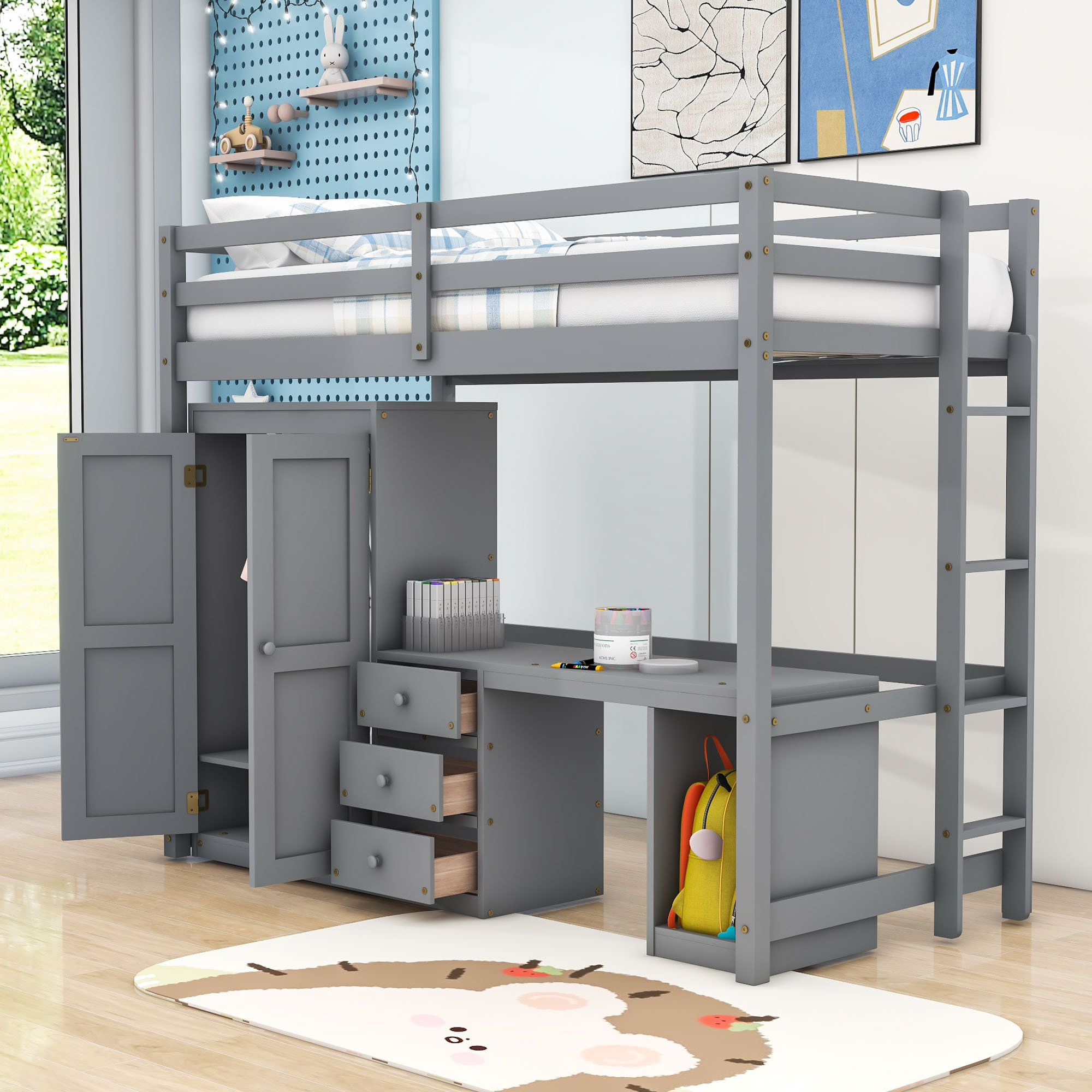 Harriet Bee Wooden Loft Bed With BuiltInDesk And Wardrobe And 3