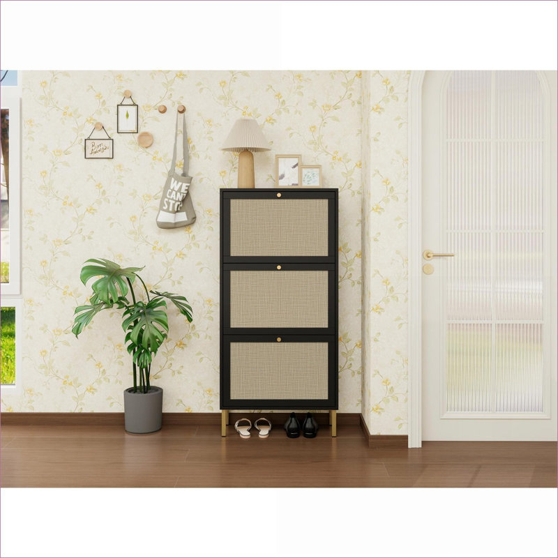 Cabinets | 3-Door Freestanding Engineered Rattan Modern Shoe Storage Cabinet, Anti-Scratch Feet | Particle Board | Entryway