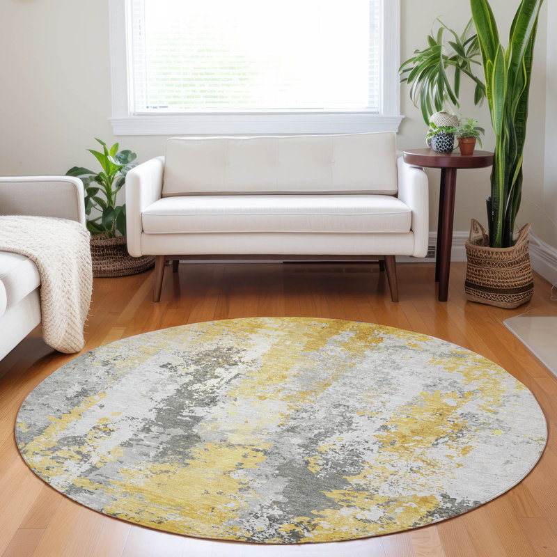 Machine Washable Indoor/Outdoor Xhevrie Yellow Rug, Round 8'