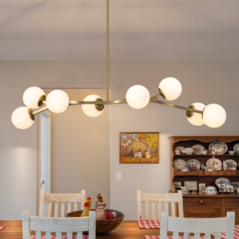 8-Light Sputnik Modern Linear Glass Bubble Chandelier, Blanc, Brushed Gold