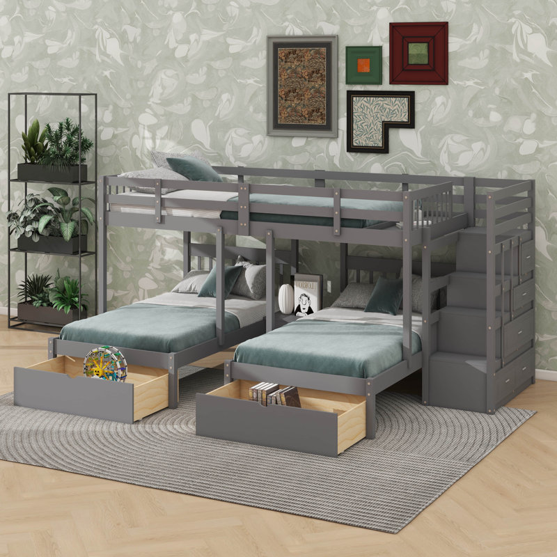 Lit superposé double au-dessus de simple et double, bois avec espaces de rangement, Gris