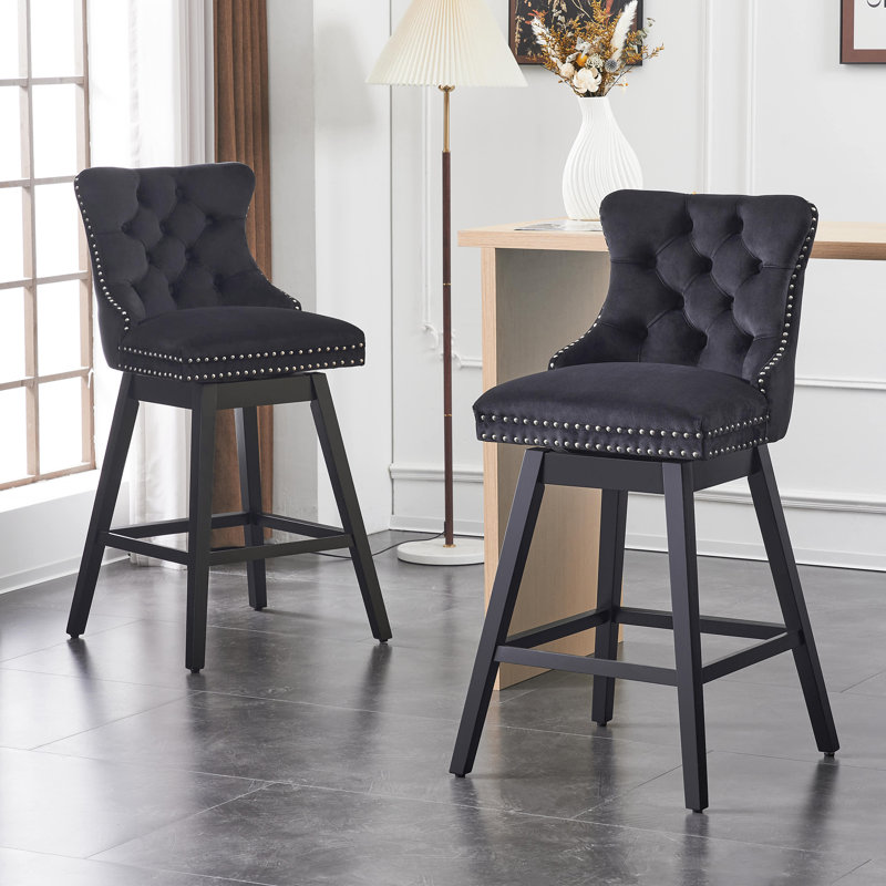  Leisure Style Swivel Velvet Bar Stools with Tufted, Wood Legs and Chrome Trim(Set of 2), Black