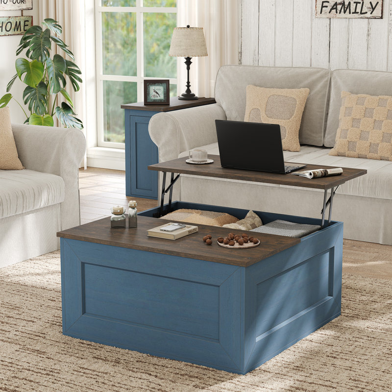 Table basse carrée avec rangement caché Jareal, table basse de style campagnard, table basse à plateau relevable pour le salon