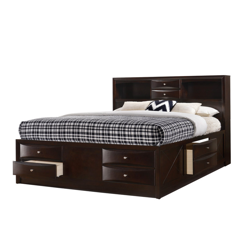 1pièce lit plateforme contemporain grand lit bibliothèque avec tablettes tête de lit rangement latéral en bois massif meubles de chambre à coucher en bois finition cerisier