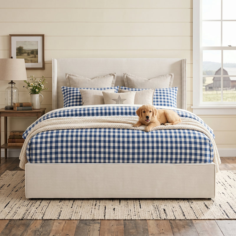 Queen Corduroy Upholstered Platform Bed Frame with Wingback Headboard  & 4 Storage Drawers, No Box Spring Needed, Cream