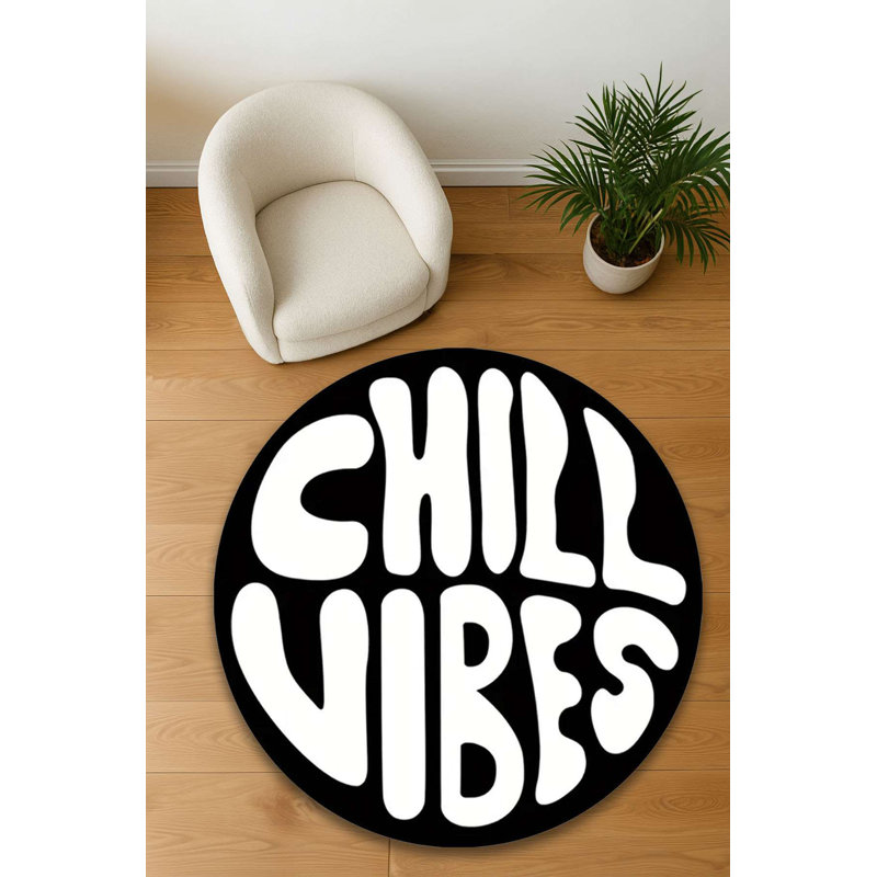 Tapis typographique rond en coton "Chill Vibes", Rond 2 pi 8 po