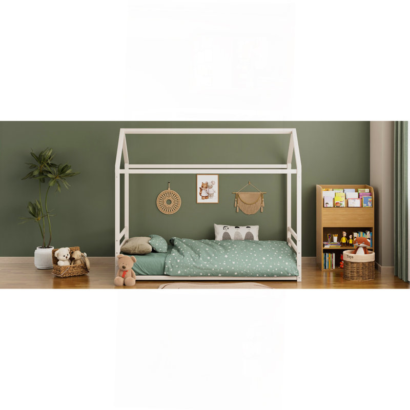 Twin Size Montessori Style Metal Floor Bed Frame, House Shaped Bed With Guardrails For Kids And Toddlers, Easy Assemble, No Slats, White