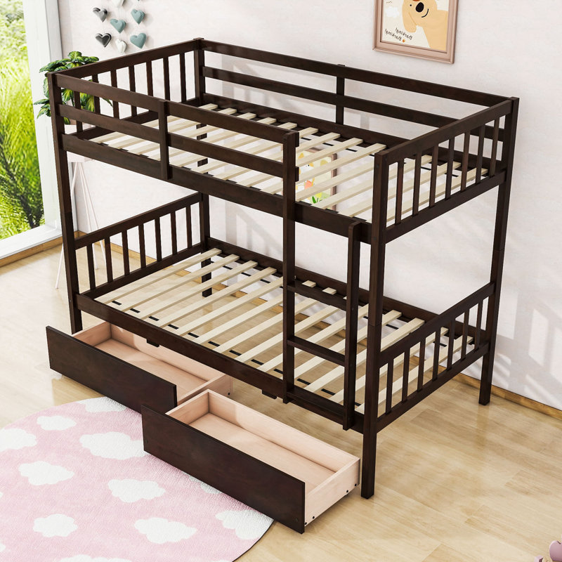 2 Drawers Wooden Bunk Bed with Ladder, Twin Over Twin, Espresso