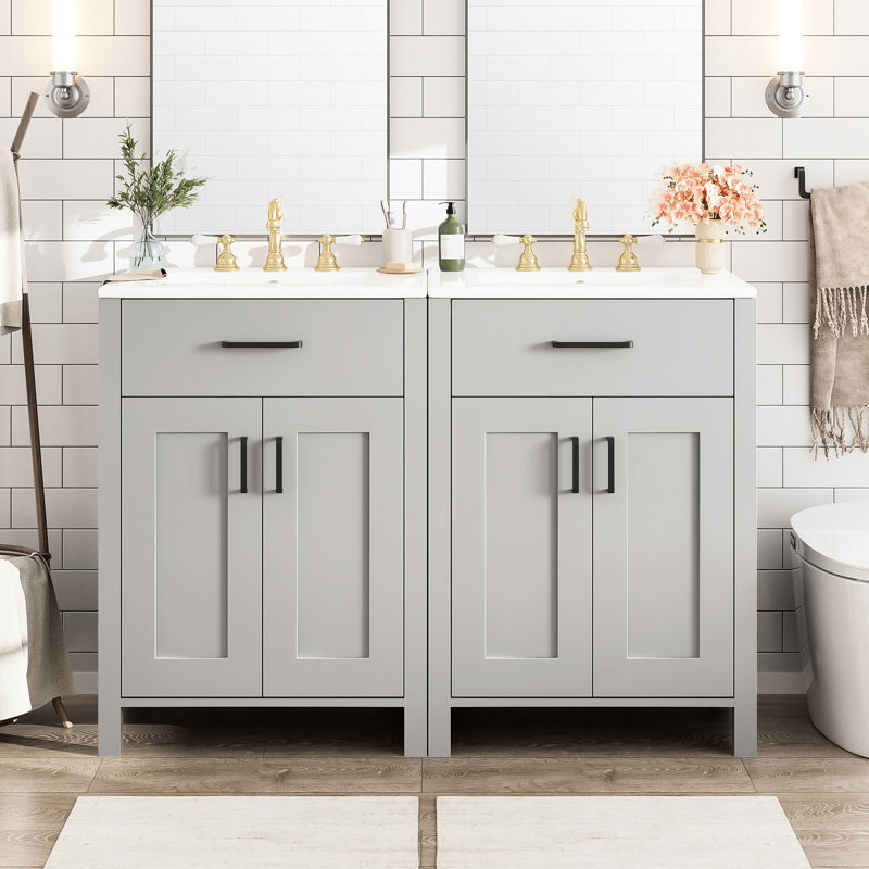 Meuble-lavabo double moderne de 48 pouces avec lavabos en céramique, portes à fermeture en douceur et tiroir rabattable pour articles quotidiens Cadre en bois massif autoportant double, poignées élégantes