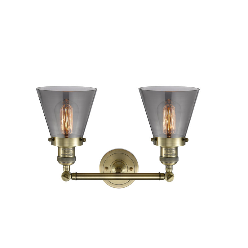 Cone 2 Light Tiltable Bath Vanity Light, Antique Brass, 6 Watt Vinage LED Bulb, Smoked
