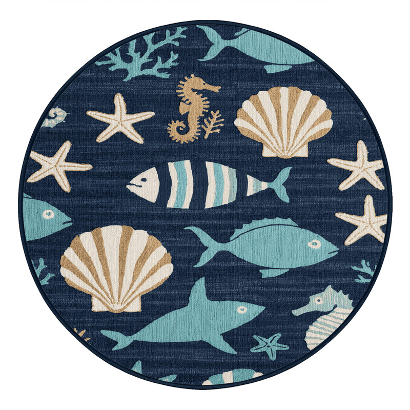 Washable Stylized marine life Nautical Area Rug, Round 4'