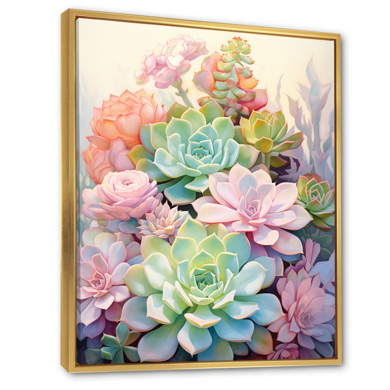 «Daerion Green Pink Succulents Succulent Serenade», reproduction sur toile, H 20 po x l 12 po x P 1 po, Cadre flottant doré