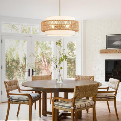 Grand lustre boho en rotin 4 lumières avec abat-jour en tissu, luminaire suspendu tambour 19,7 po pour salle à manger, salon, îlot de cuisine, couloir et vestibule