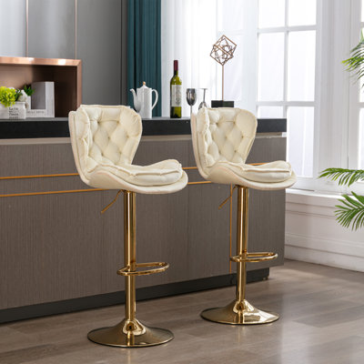 Bar Stool Set 17.32"L x 18.3"W x 34.64"H Fabric 2-Piece Beige Swivel