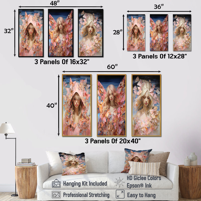 Papillon rose et bleu «Angel» - ensemble de 3 décorations murales femme glam, Cadre flottant noir, H 28 po x l 36 po