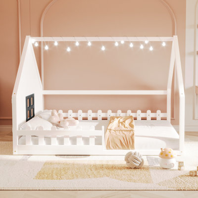White Full Size Wood House Bed With Fence And Window - Construction Fortitude, Led Wonder, No Box Spring For Bedroom Elegance In & Resting Area