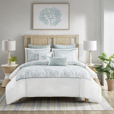 Housse de couette pour lit double / grand lit - 100% coton pour les maisons en bord de mer, broderie dollar foncé et sable, fermeture à boutons, 4 attaches intérieures, 2 mini-taies décoratives standard, Vibes de plage, sans insert