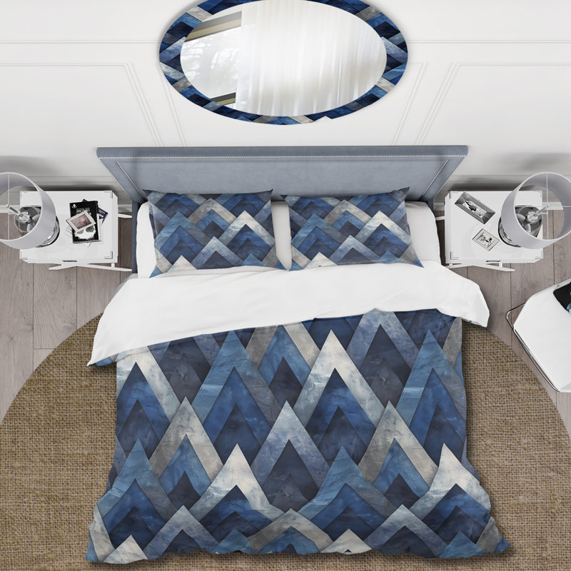 Blue Triangle Print I - Midcentury Duvet Cover Set, King Duvet Cover + 2 King Pillow Shams