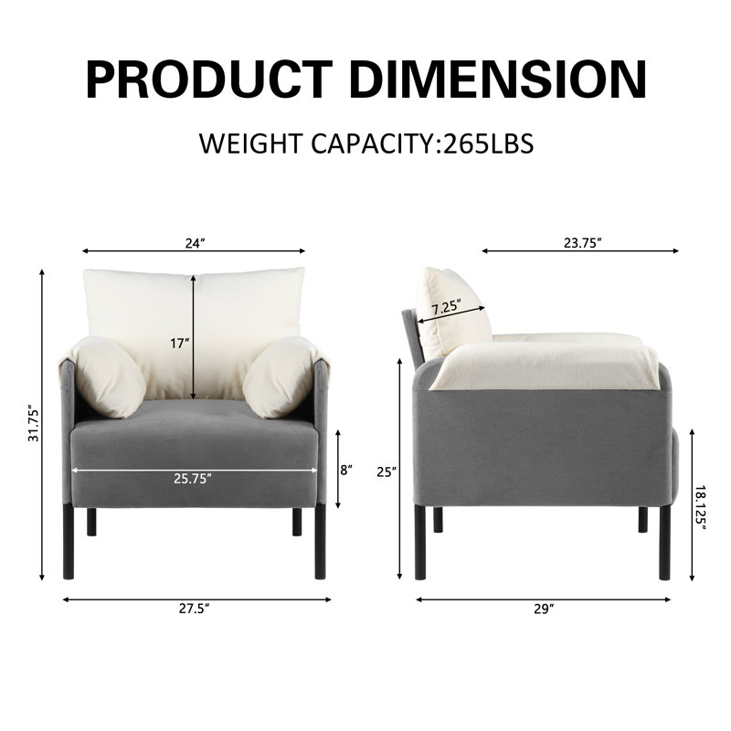 27.5'' Wide Modern Soft Chenille Fabric Upholstered Accent Chair With Padded Armrest, Gray