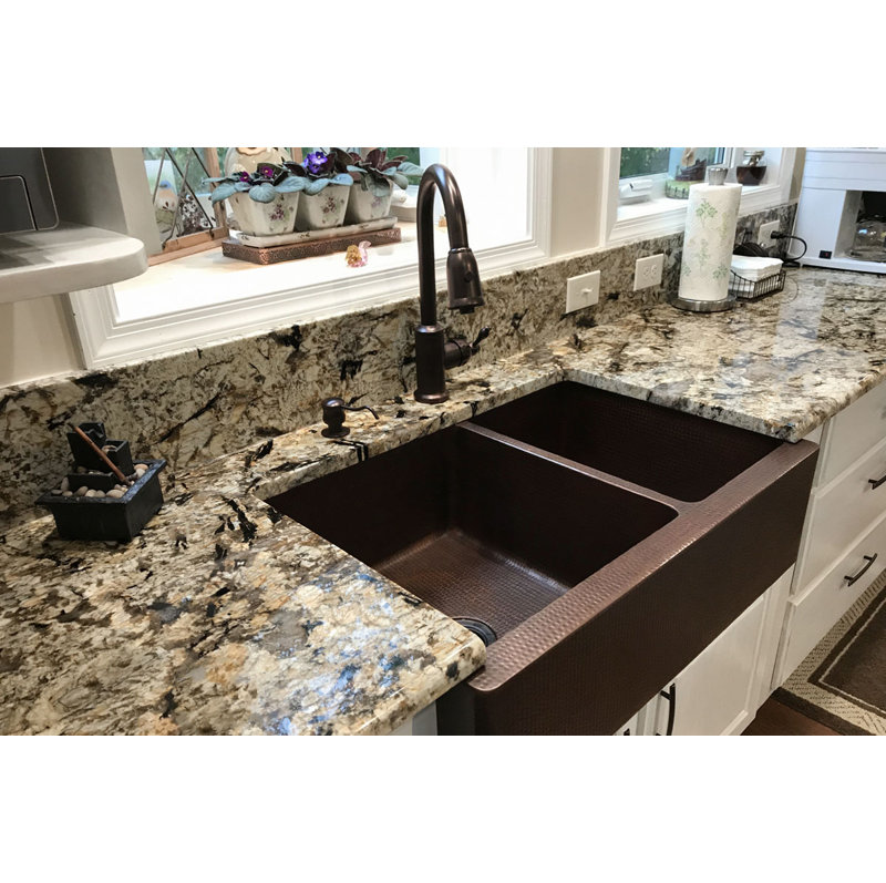 33" Hammered Copper Apron Front 60/40 Double Basin Kitchen Sink
