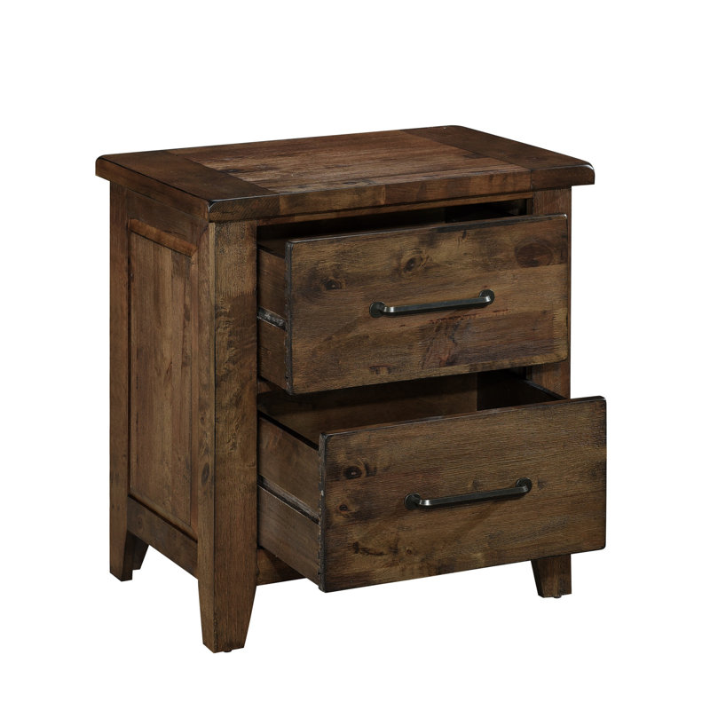 Table de chevet rustique bruni en bois d'hévéa massif, 2 tiroirs, finition de table d'appoint transitionnelle classique,
