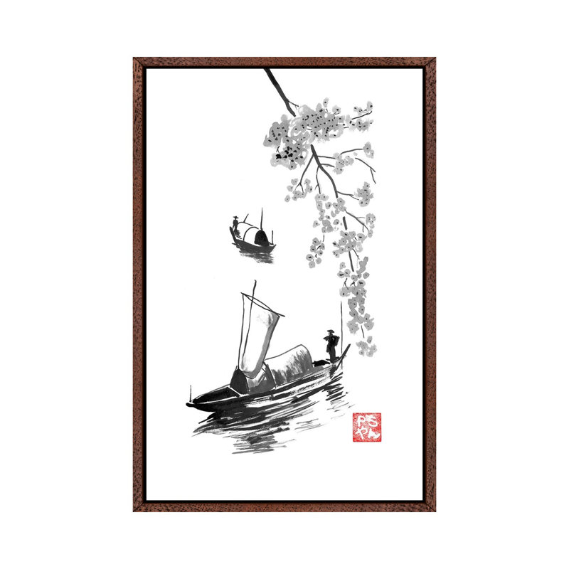 Fishermen by Péchane - Print on Canvas, 101.6 cm H x 66.04 cm W, Classic Brown Wood Framed