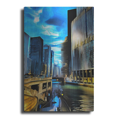 Art mural en métal luxueux «Chicago River» par Dante Plata, 12 po x 16 po