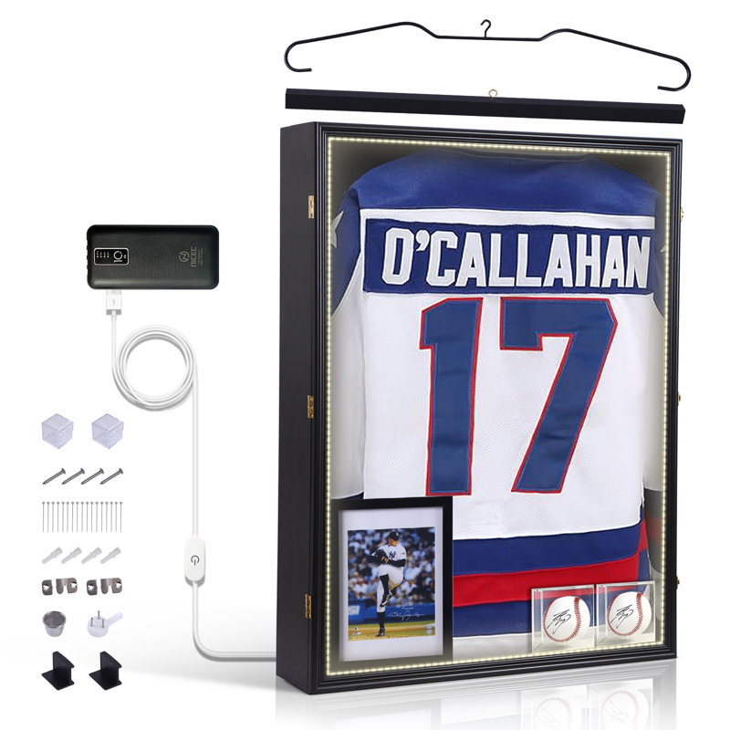 Très grande vitrine en jersey avec DEL, protection contre les rayons UV, étui de baseball et cadre photo