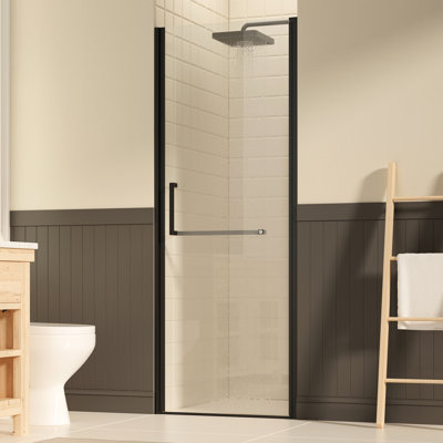 Pivot Shower Glass Door, 27 - 28" W 72" H, 1/4" 6Mm  Clear Tempered Glass, Matte Black, Nano Coating, Reversible For Bathroom Design Flexibility Practicality