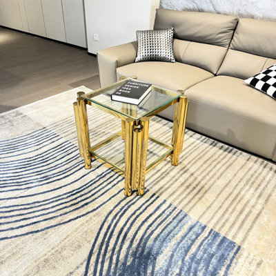 Table de bout en acier inoxydable doré, carré de 20 pouces, verre trempé transparent double couche, espace de rangement