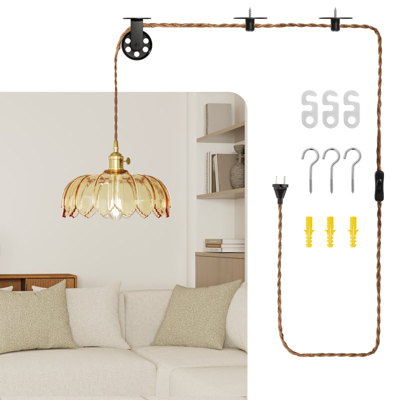 Plug-in Pendant Light with Petal Glass Shade, Vintage Hanging Light with Cord, Amber