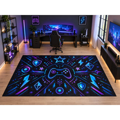 Tapis d'intérieur ICE ARMOR « Ultra Thin » grand format (2 m x 3 m) à motif manette de jeu néon, idéal pour chambre d'enfant, salle de jeux ou salon. Tapis doux à poils courts, envers antidérapant en silicone.