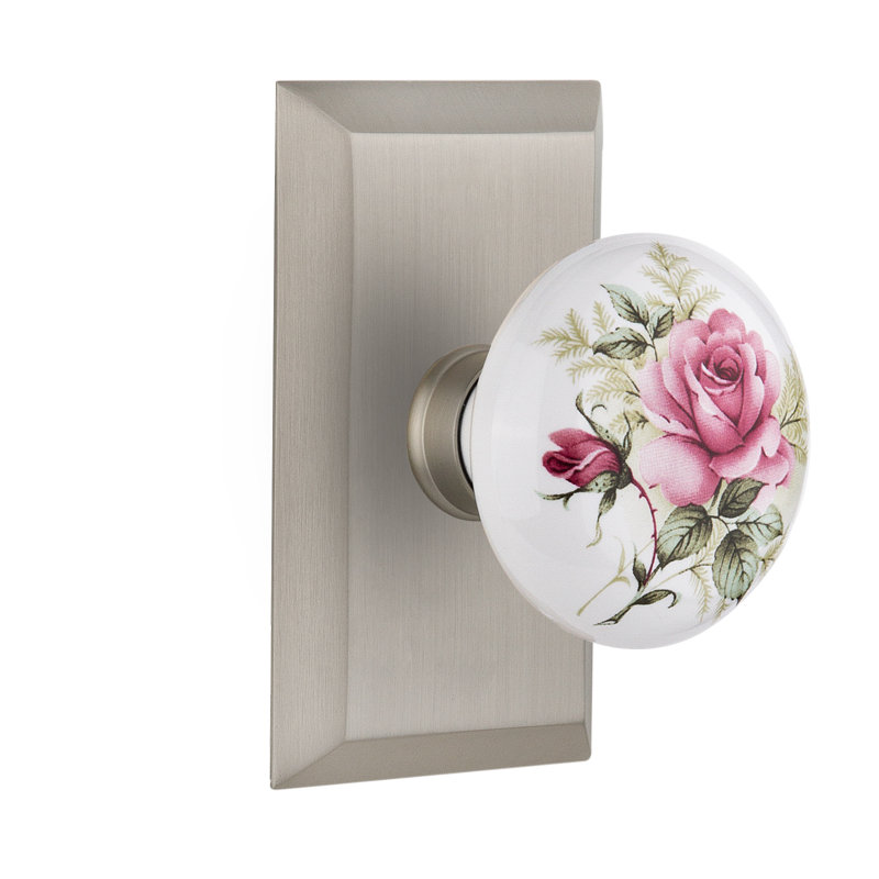 Studio Plate with White Rose Porcelain Door Knob, Satin Nickel