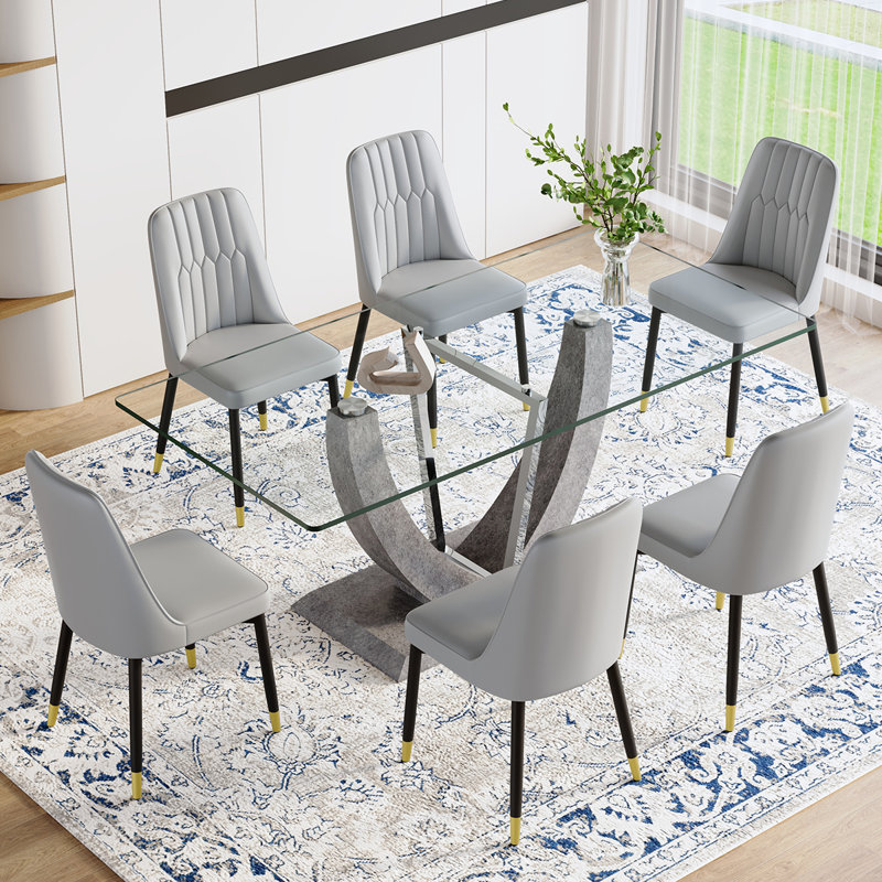 71'' Modern Glass Dining Table Set For 6-8,Ideal For Family Gatherings, 7 Pieces: Table, 6 Chairs, Gray