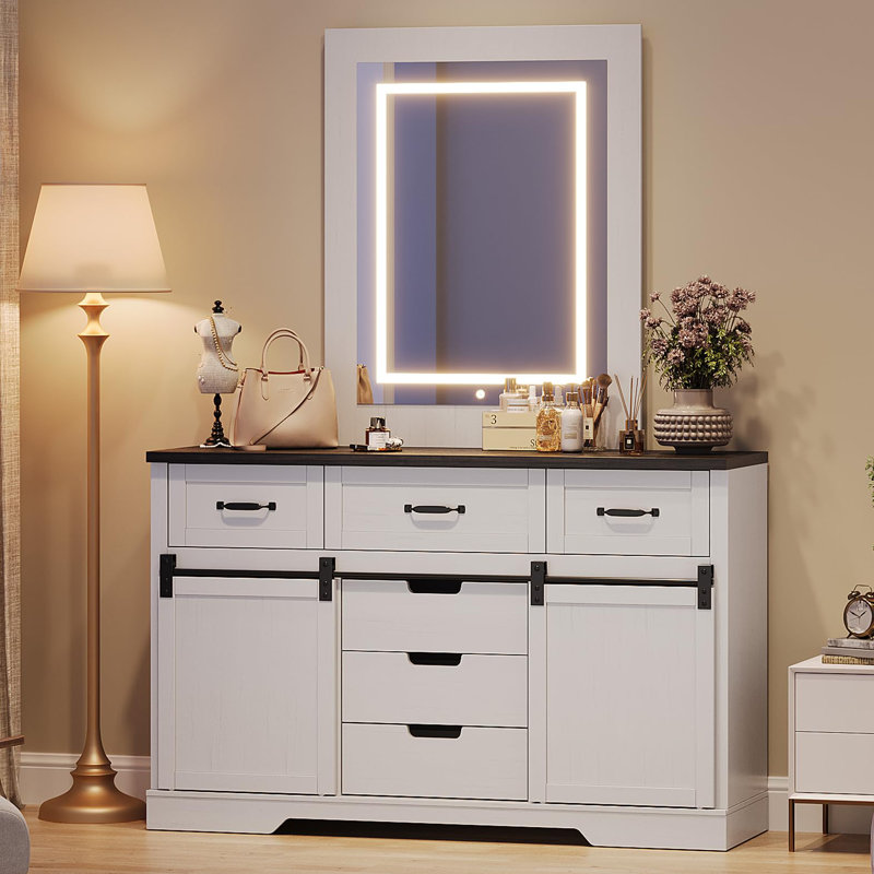 Commode 6 tiroirs avec miroir pour chambre à coucher, coiffeuse avec miroir lumineux