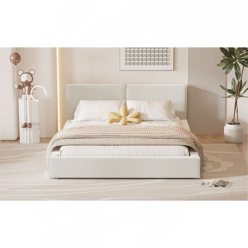 Lit plateforme tapissier grand format en velours, Beige