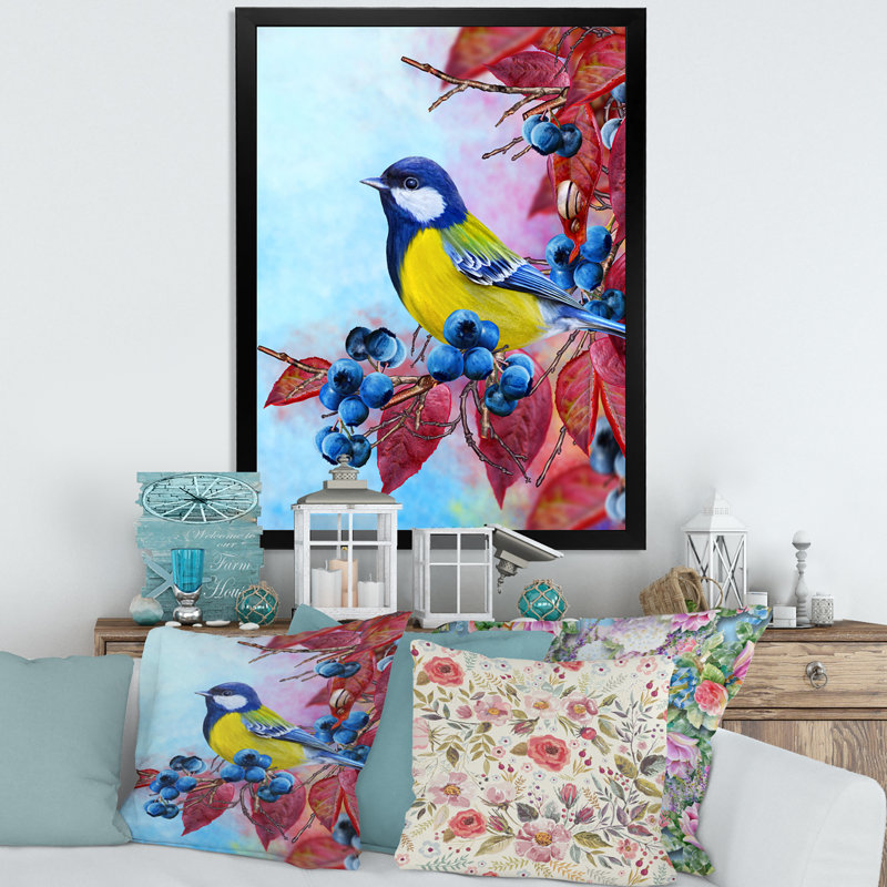 Bouvreuil lumineux assis sur une branche II - impression sur toile, H 32 po x l 16 po x P 1,5 po, Toile avec cadre noir