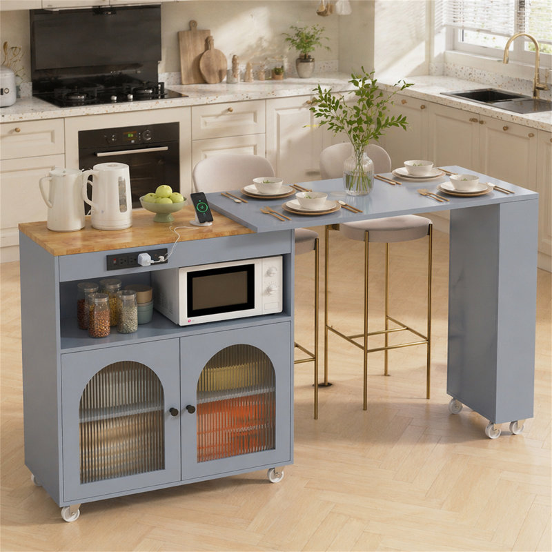 Îlot de cuisine avec table allongée, Gris-bleu