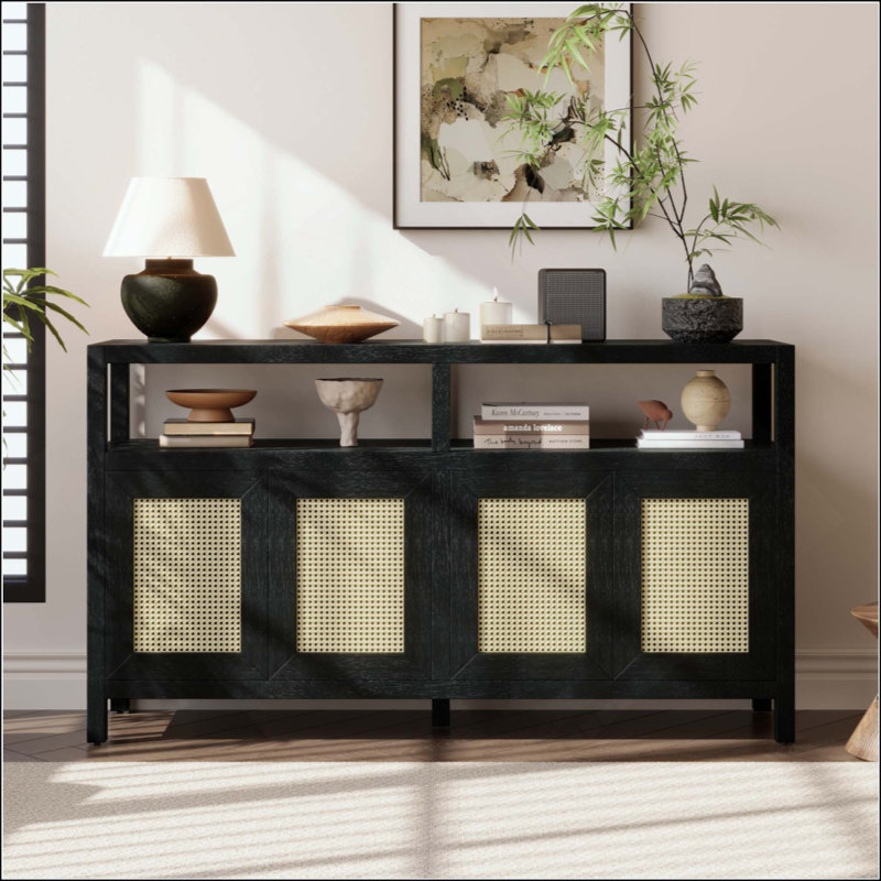 Rattan Buffet Storage Cabinet With Solid Wood Frame, Sideboard With 3-Position Adjustable Shelves For Living & Dining Rooms, No-Handle Push-To-Open Design