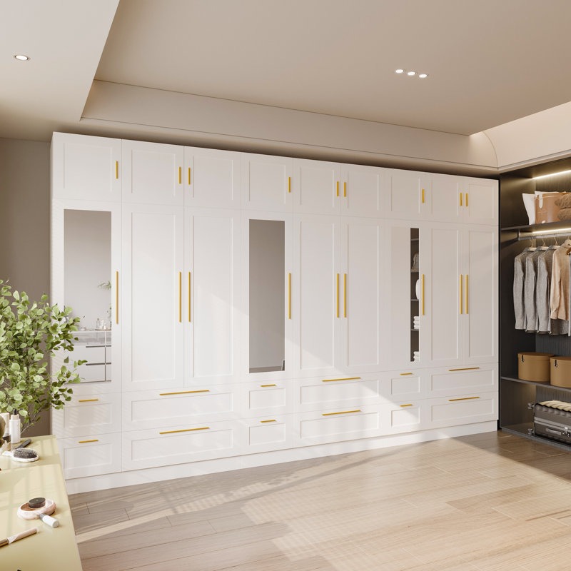 Spacious Three-Piece Closet System With Mirror, Drawers & Gold Handles, White